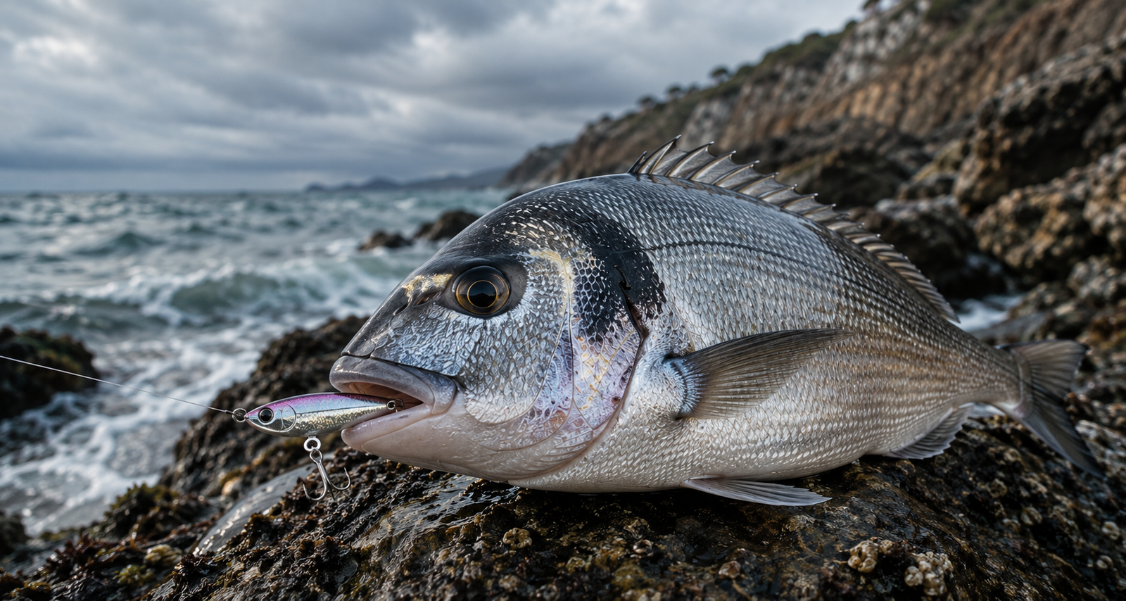 Dorada con un señuelo en la boca sobre las rocas junto al mar