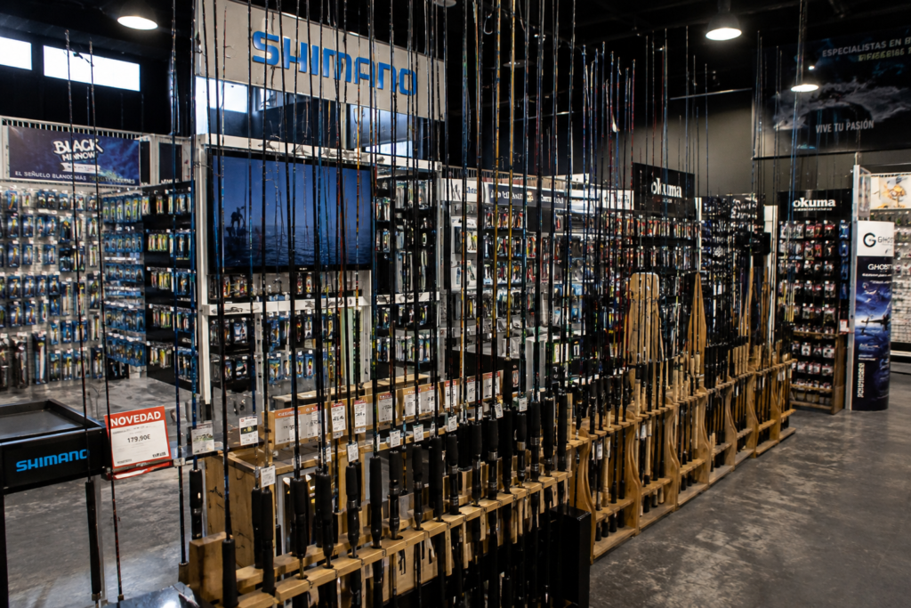 Cañas de spinning expuestas en una tienda de pesca