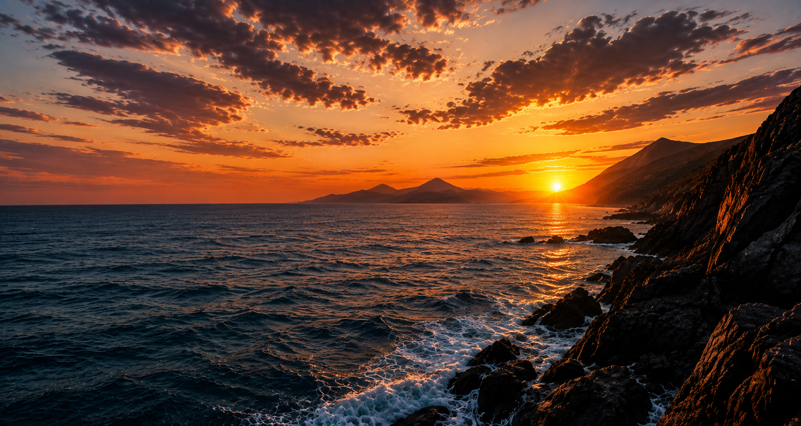 Costa rocosa y mar al atardecer