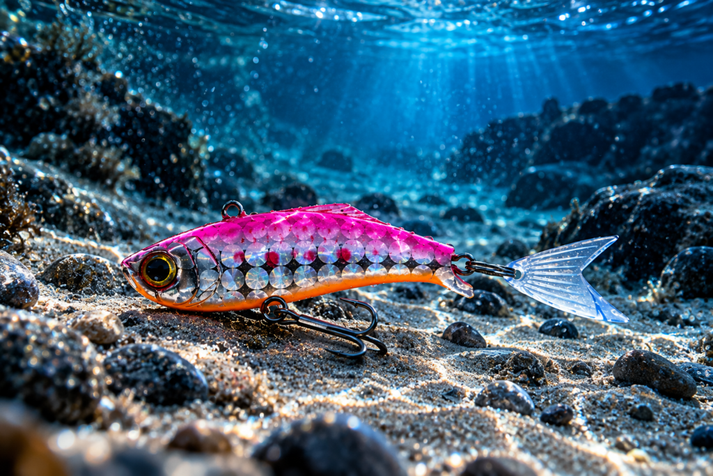 Señuelo vibrátil rosa y plateado sobre un fondo submarino de roca y arena