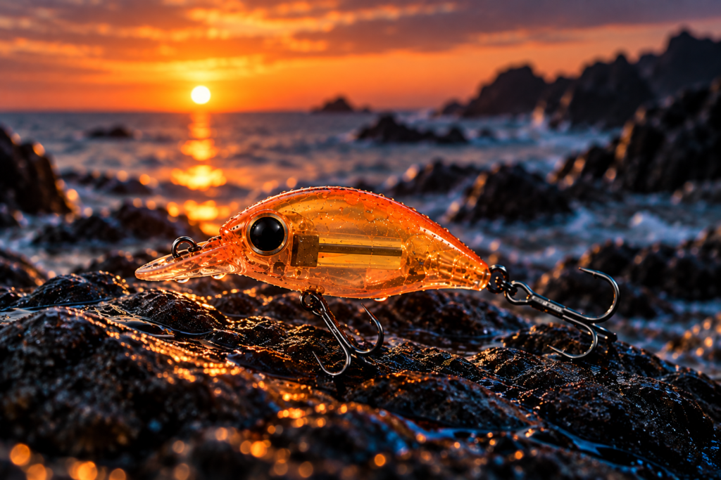 Crankbait naranja de babero largo sobre rocas junto al mar al atardecer