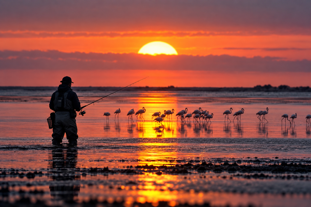 Hombre pescando en la bahía del delta del ebro