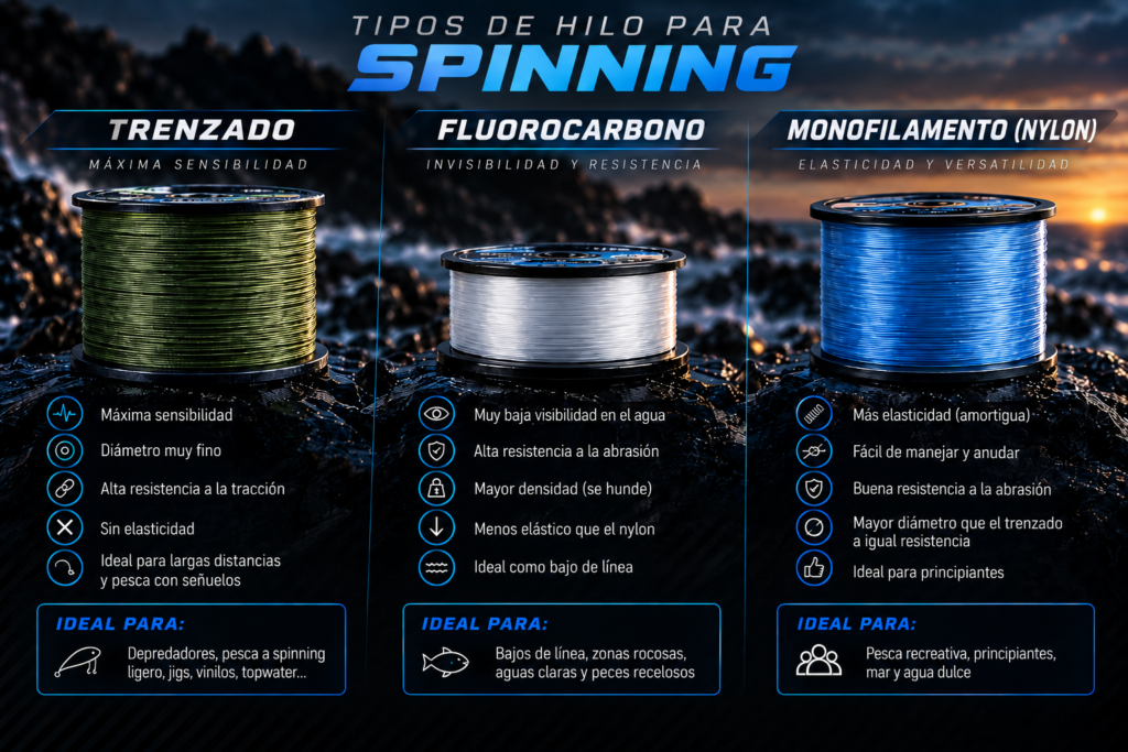 Comparativa de hilo trenzado, fluorocarbono y monofilamento de nylon para spinning